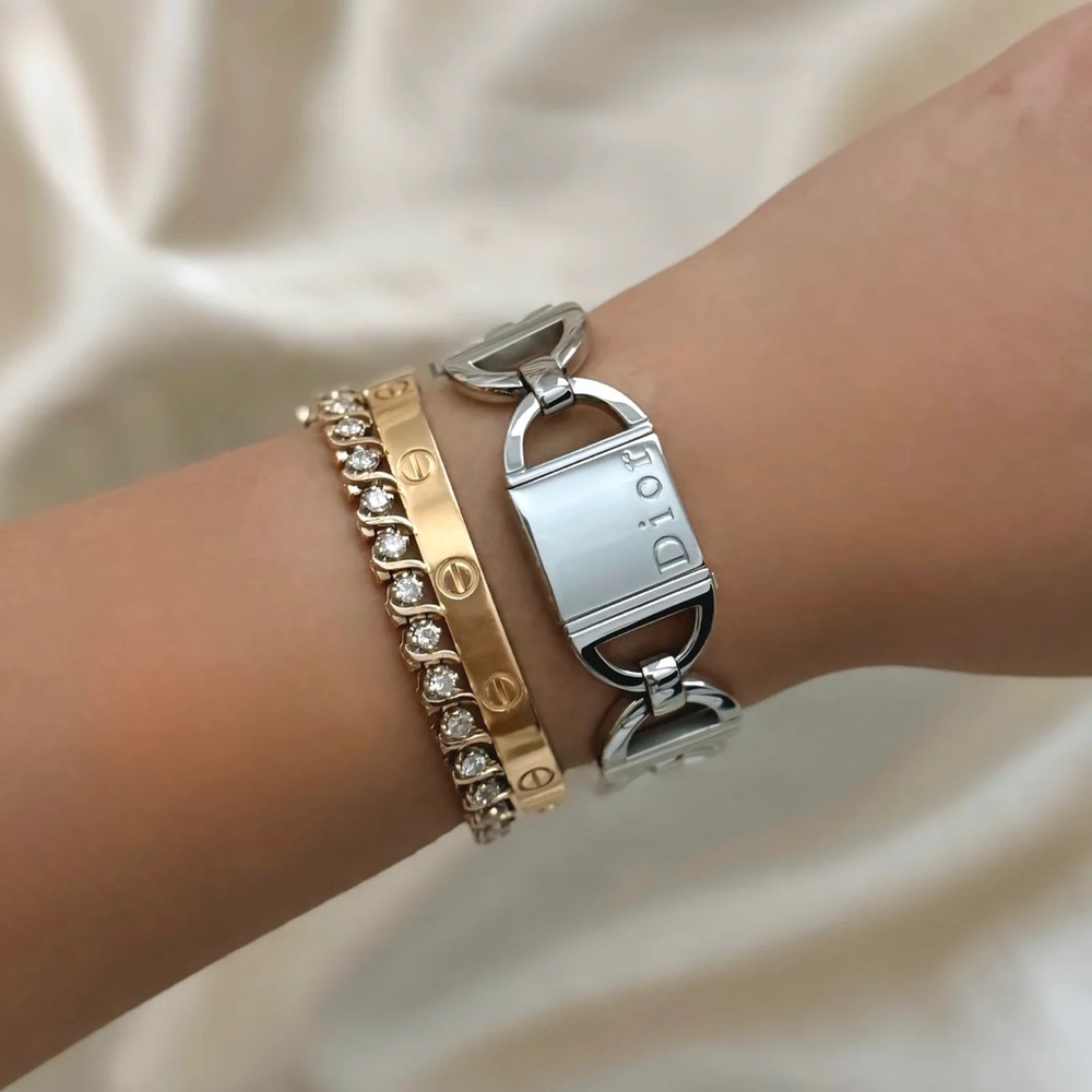 Dior Silver Link Bracelet Watch with Gold and Crystal Accent Bracelets